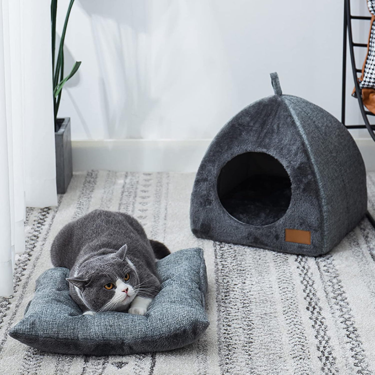 Warm Plush Pet Cave Bed with Removable Washable Cushion – Indoor Cats & Small Dogs