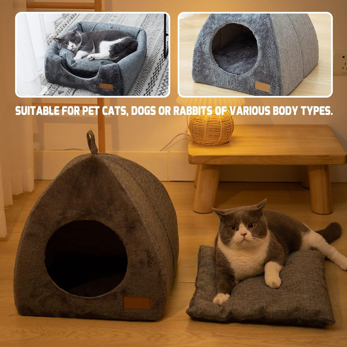 Warm Plush Pet Cave Bed with Removable Washable Cushion – Indoor Cats & Small Dogs