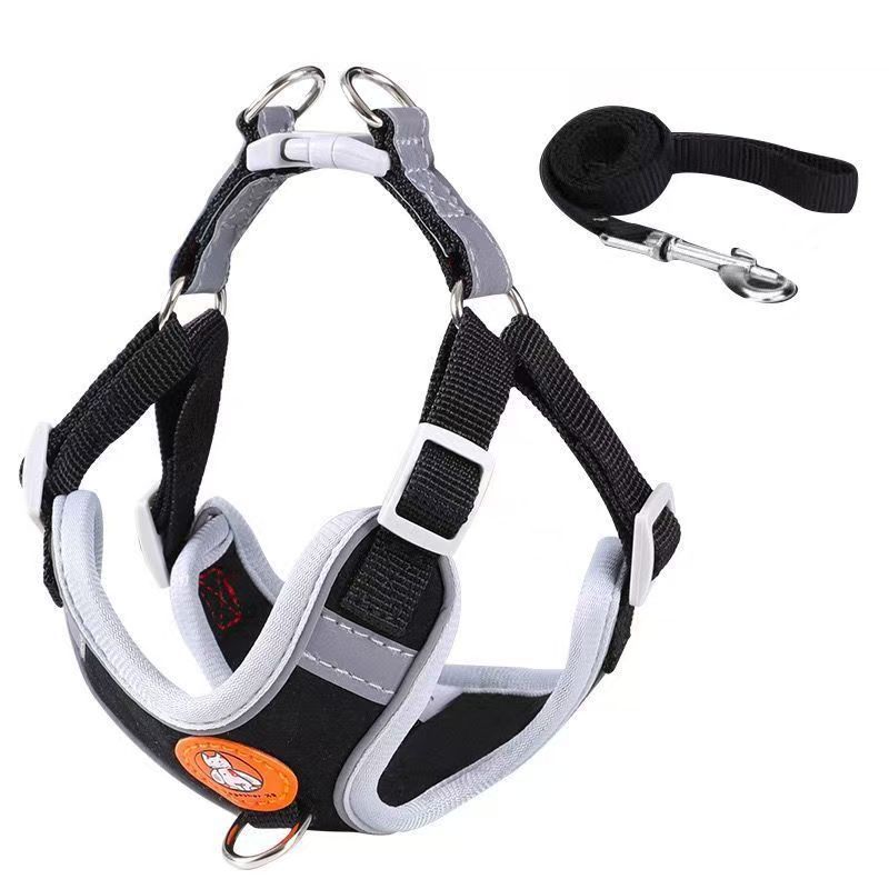 Dog Harness Reflective Leash Small Medium Dogs Black [chest and back] + flat rope L (recommended 15-22.5kg )