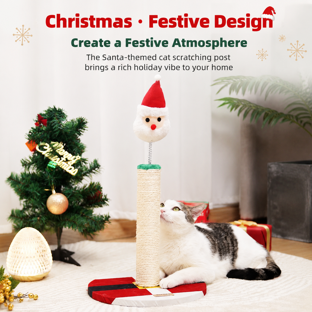Christmas Cat Scratcher Post with Spring Head & Hanging Ball – Santa & Candy Cane Design, Sisal Rope Cat Toy & Holiday Decor, 30 x 57cm