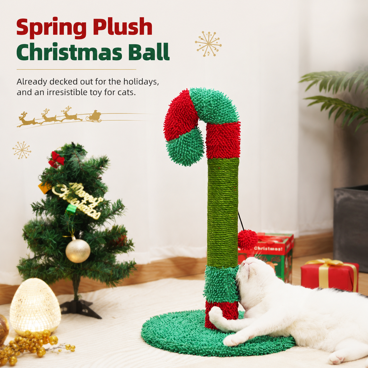 Christmas Cat Scratcher Post with Spring Head & Hanging Ball – Santa & Candy Cane Design, Sisal Rope Cat Toy & Holiday Decor, 30 x 57cm