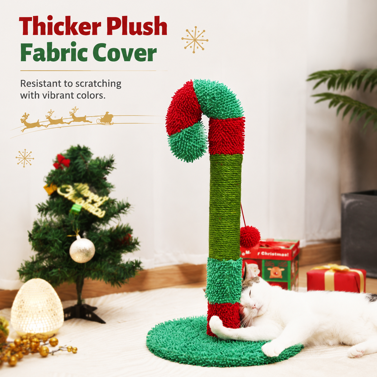 Christmas Cat Scratcher Post with Spring Head & Hanging Ball – Santa & Candy Cane Design, Sisal Rope Cat Toy & Holiday Decor, 30 x 57cm