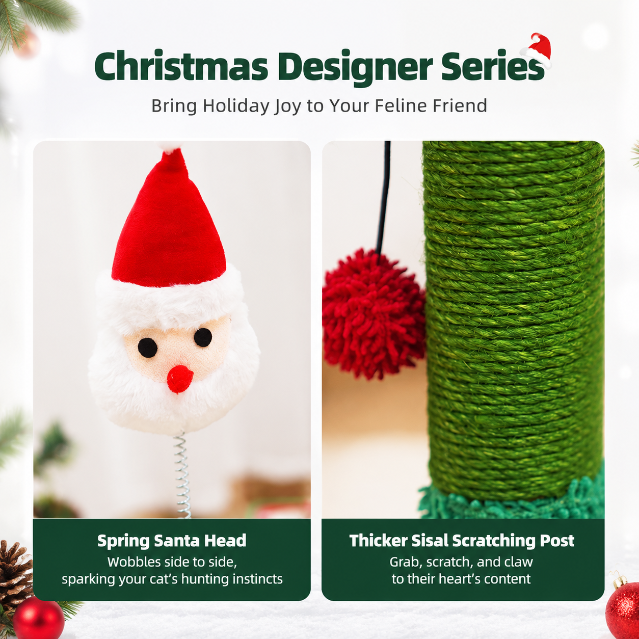 Christmas Cat Scratcher Post with Spring Head & Hanging Ball – Santa & Candy Cane Design, Sisal Rope Cat Toy & Holiday Decor, 30 x 57cm