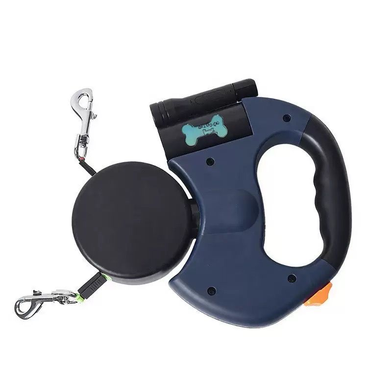 Dual-Head Retractable Dog Leash with LED Flashlight, Waste Bag Dispenser, 360° Tangle-Free Control & Reflective Webbing – Navy