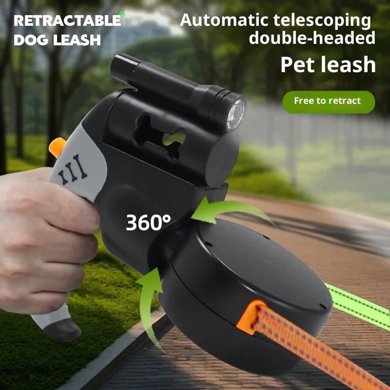 Dual-Head Retractable Dog Leash with LED Flashlight, Waste Bag Dispenser, 360° Tangle-Free Control & Reflective Webbing – Red