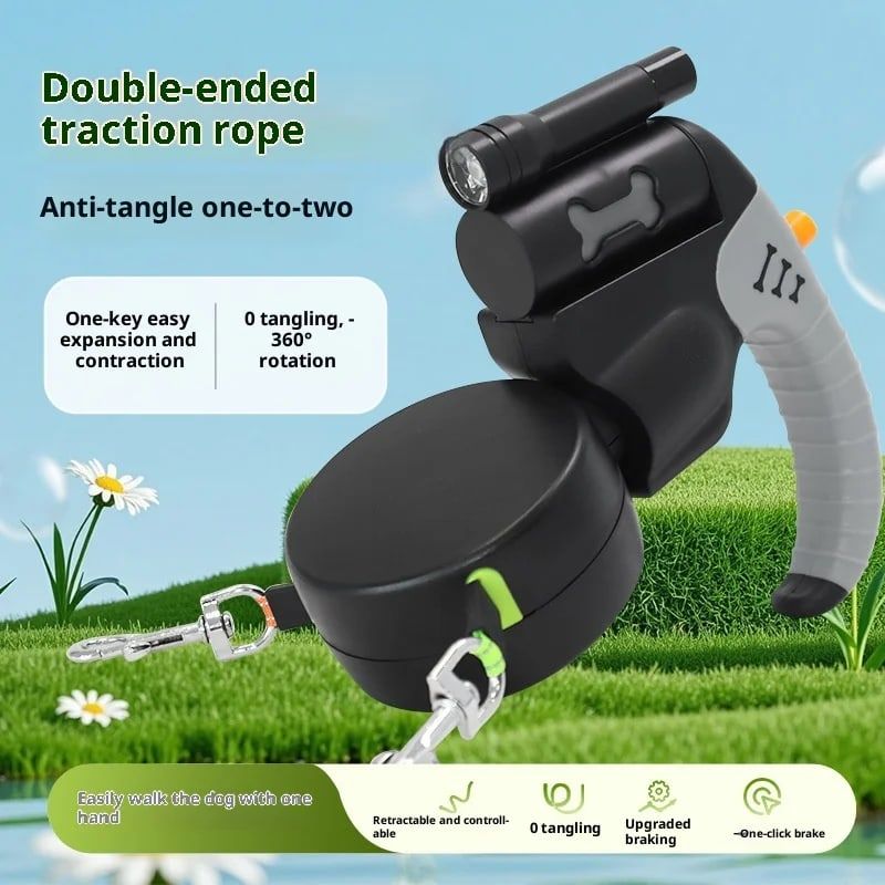 Dual-Head Retractable Dog Leash with LED Flashlight, Waste Bag Dispenser, 360° Tangle-Free Control & Reflective Webbing – Black-Gray