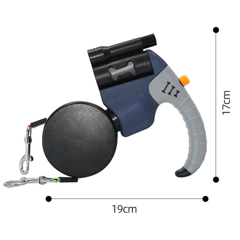 Dual-Head Retractable Dog Leash with LED Flashlight, Waste Bag Dispenser, 360° Tangle-Free Control & Reflective Webbing – Blue-Gray