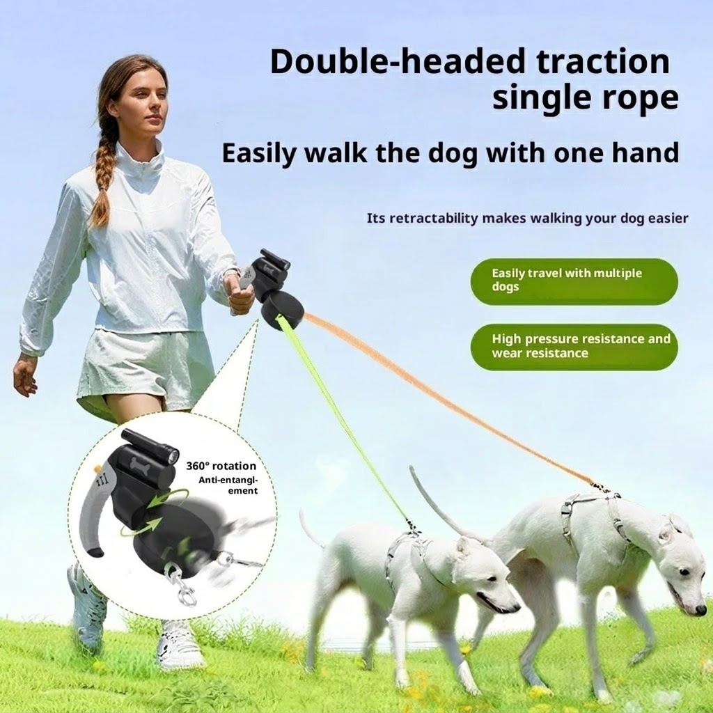 Dual-Head Retractable Dog Leash with LED Flashlight, Waste Bag Dispenser, 360° Tangle-Free Control & Reflective Webbing – Blue-Gray