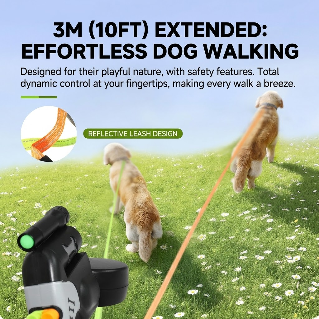 Dual-Head Retractable Dog Leash with LED Flashlight, Waste Bag Dispenser, 360° Tangle-Free Control & Reflective Webbing – Blue-Gray