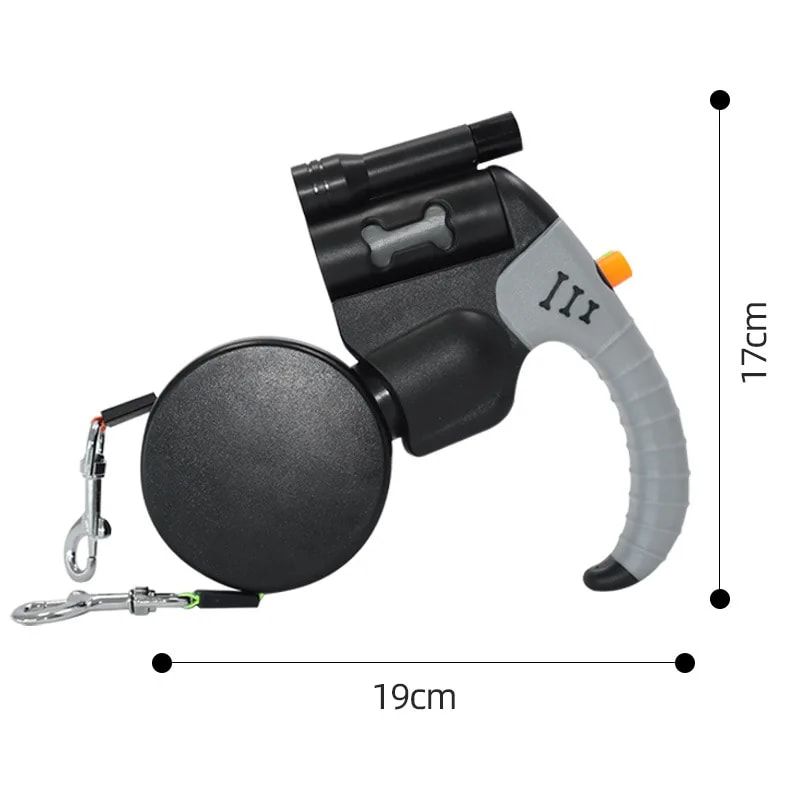 Dual-Head Retractable Dog Leash with LED Flashlight, Waste Bag Dispenser, 360° Tangle-Free Control & Reflective Webbing – Blue-Gray