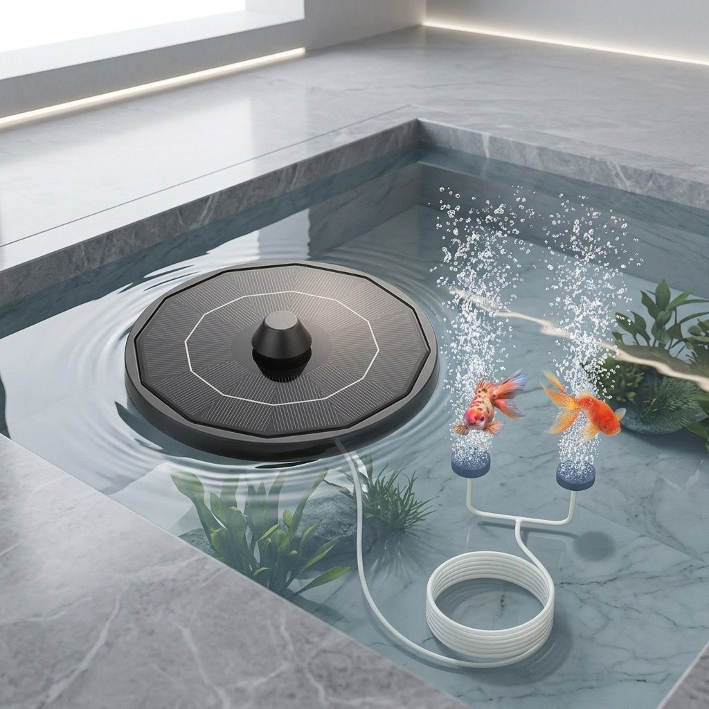 Solar-Powered Aquarium Air Pump with 2000mAh Backup Battery – Dual Outlet Cordless Aerator for Fish Tanks & Ponds, Black