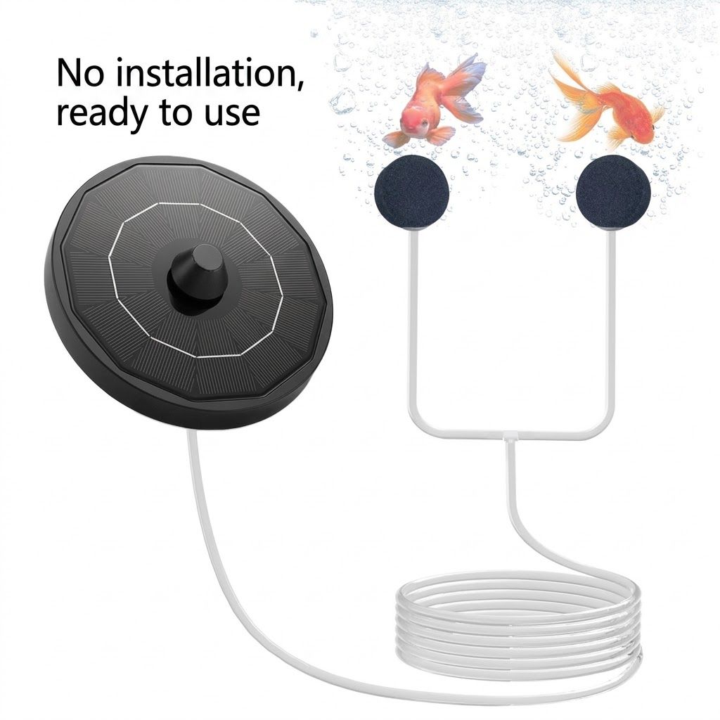 Solar-Powered Aquarium Air Pump with 2000mAh Backup Battery – Dual Outlet Cordless Aerator for Fish Tanks & Ponds, Black