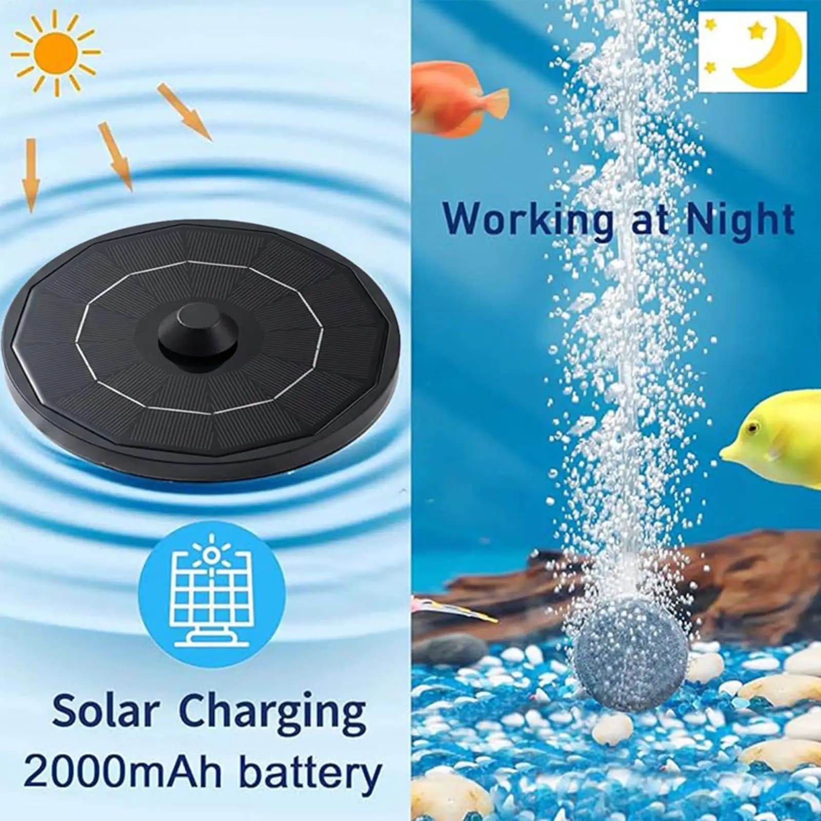 Solar-Powered Aquarium Air Pump with 2000mAh Backup Battery – Dual Outlet Cordless Aerator for Fish Tanks & Ponds, Black