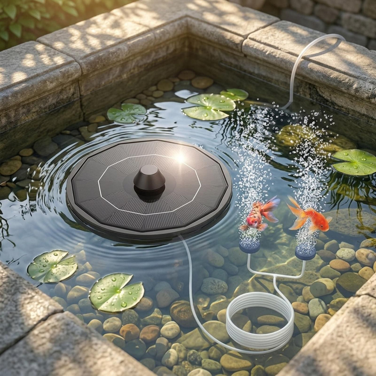 Solar-Powered Aquarium Air Pump with 2000mAh Backup Battery – Dual Outlet Cordless Aerator for Fish Tanks & Ponds, Black