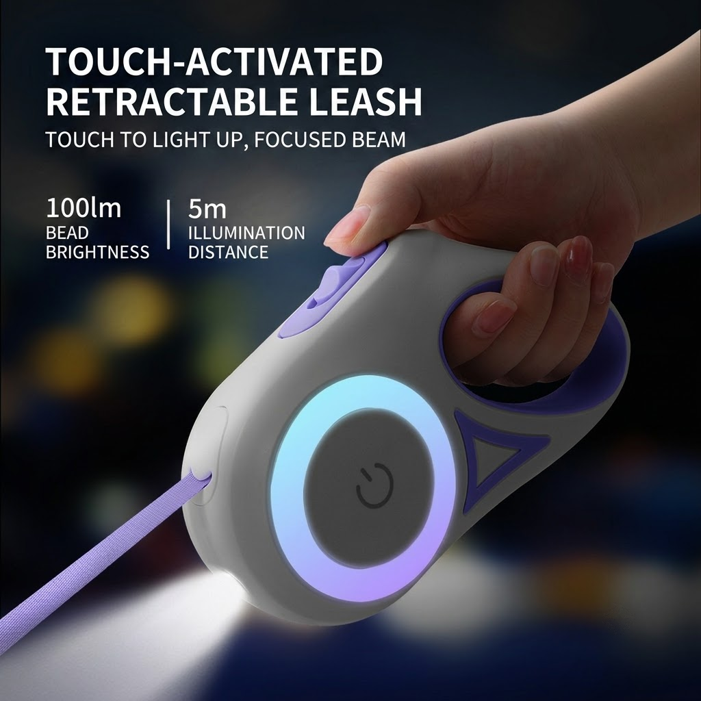 Illuminated Retractable Dog Leash with Touch-Control Brake, RGB Light & Anti-Slip Handle – Mint, 5M (16.4ft)