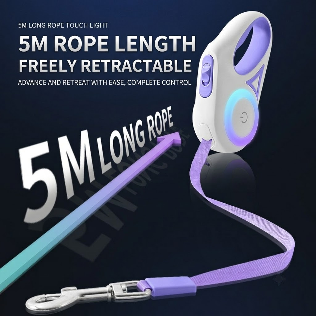 Illuminated Retractable Dog Leash with Touch-Control Brake, RGB Light & Anti-Slip Handle – Mint, 5M (16.4ft)