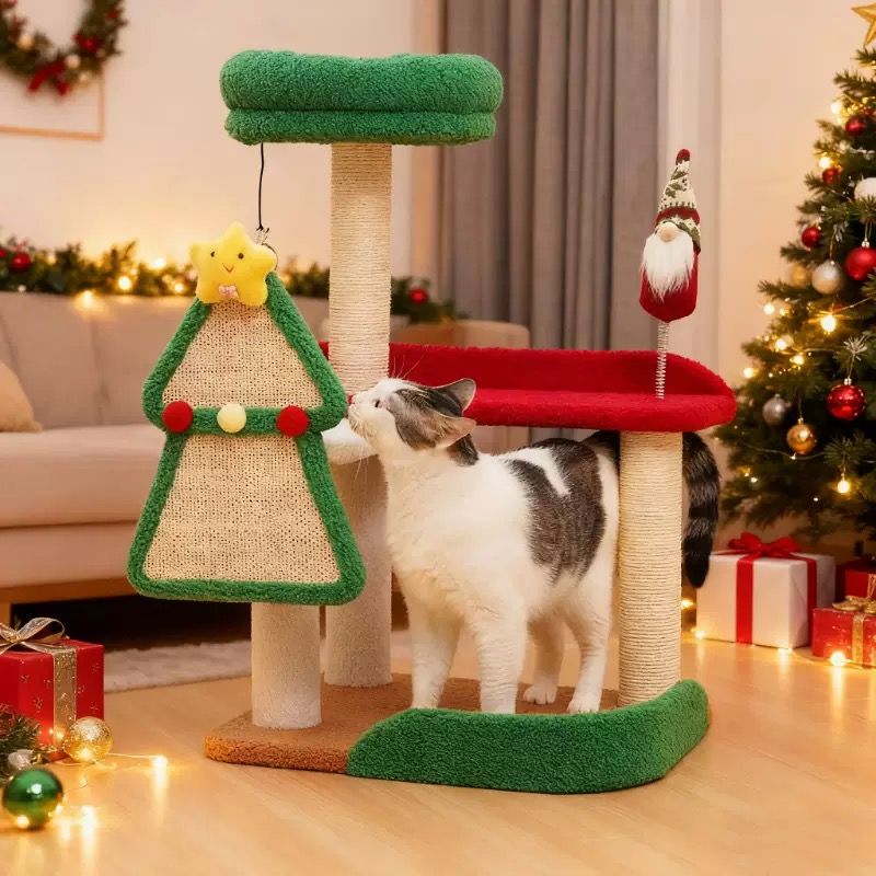 Festive Christmas Cat Tree with Multi-Level Scratching Posts, Top Perch & Dangling Toys – Holiday Cat Play Center, 50 x 40 x 75cm