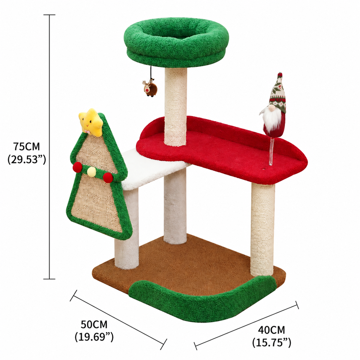 Festive Christmas Cat Tree with Multi-Level Scratching Posts, Top Perch & Dangling Toys – Holiday Cat Play Center, 50 x 40 x 75cm