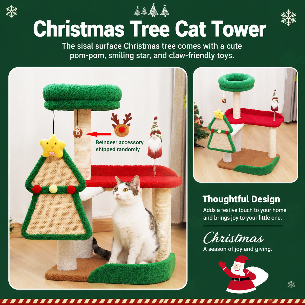 Festive Christmas Cat Tree with Multi-Level Scratching Posts, Top Perch & Dangling Toys – Holiday Cat Play Center, 50 x 40 x 75cm