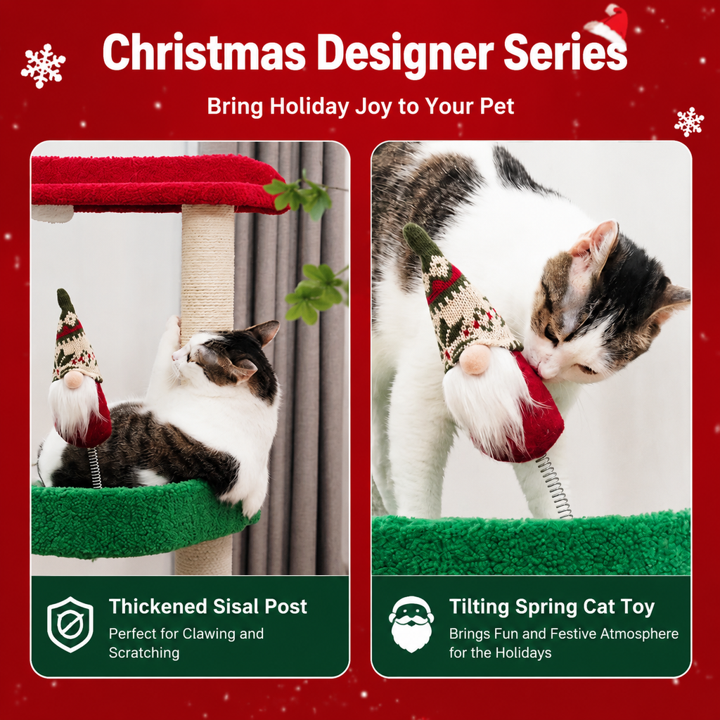 Festive Christmas Cat Tree with Multi-Level Scratching Posts, Top Perch & Dangling Toys – Holiday Cat Play Center, 50 x 40 x 75cm