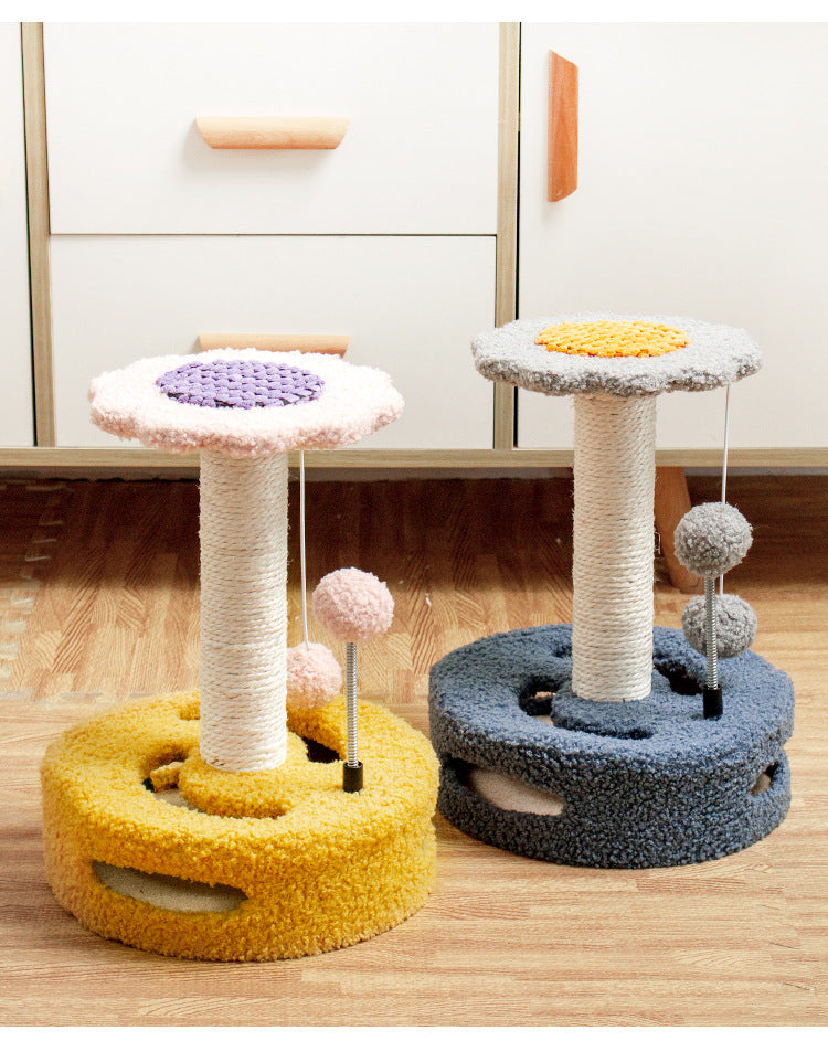 Green And Pink Sunflower Cat Scratching Post - 35cm Sisal Cat Tree with Plush Toys for Small Cats