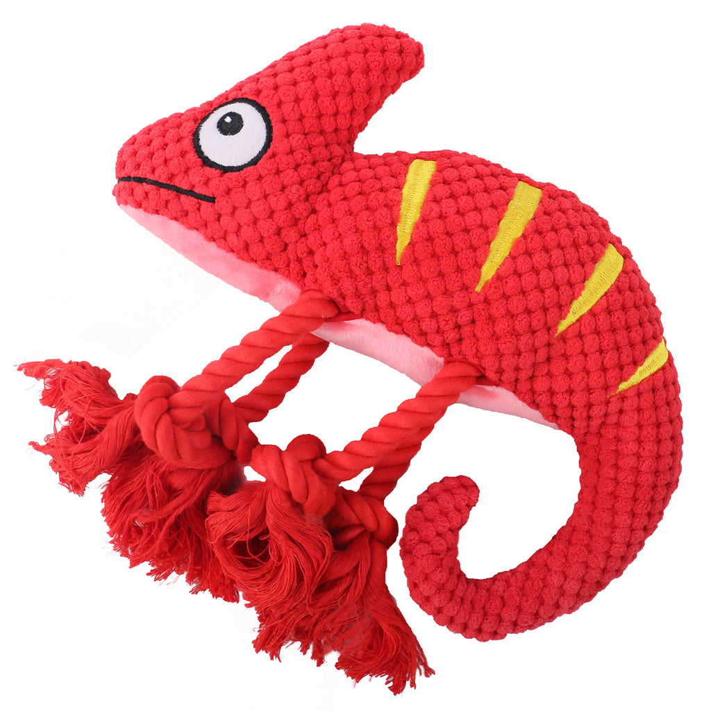2-Piece Red Plush Chameleon Dog Toys with Squeaker & Rope Legs – Durable Washable Chew Toys with Teeth-Cleaning Texture, 10.2in