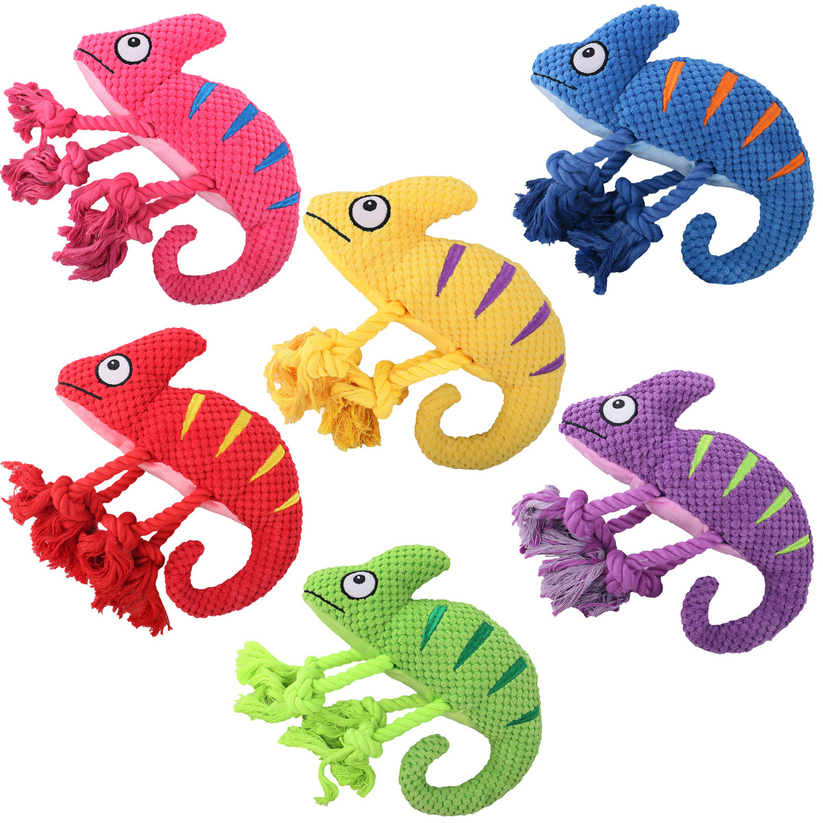2-Piece Yellow Plush Chameleon Dog Toys with Squeaker & Rope Legs – Durable Washable Chew Toys with Teeth-Cleaning Texture, 10.2in