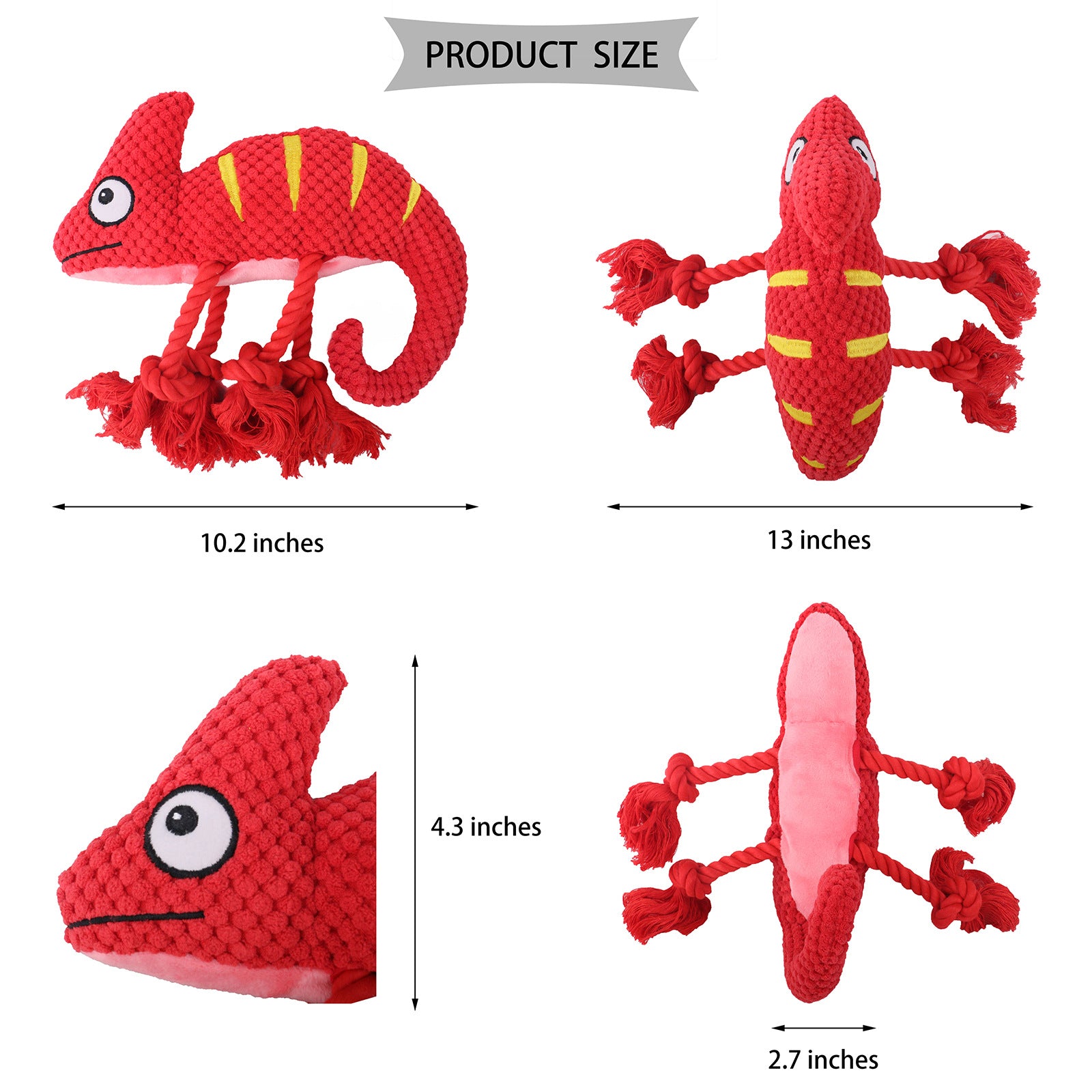 2-Piece Yellow Plush Chameleon Dog Toys with Squeaker & Rope Legs – Durable Washable Chew Toys with Teeth-Cleaning Texture, 10.2in