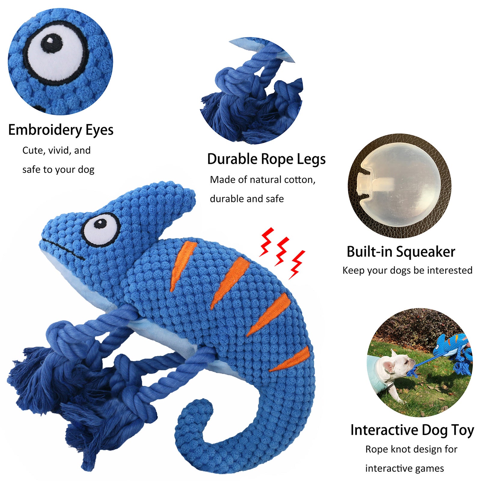 2-Piece Pink Plush Chameleon Dog Toys with Squeaker & Rope Legs – Durable Washable Chew Toys with Teeth-Cleaning Texture, 10.2in