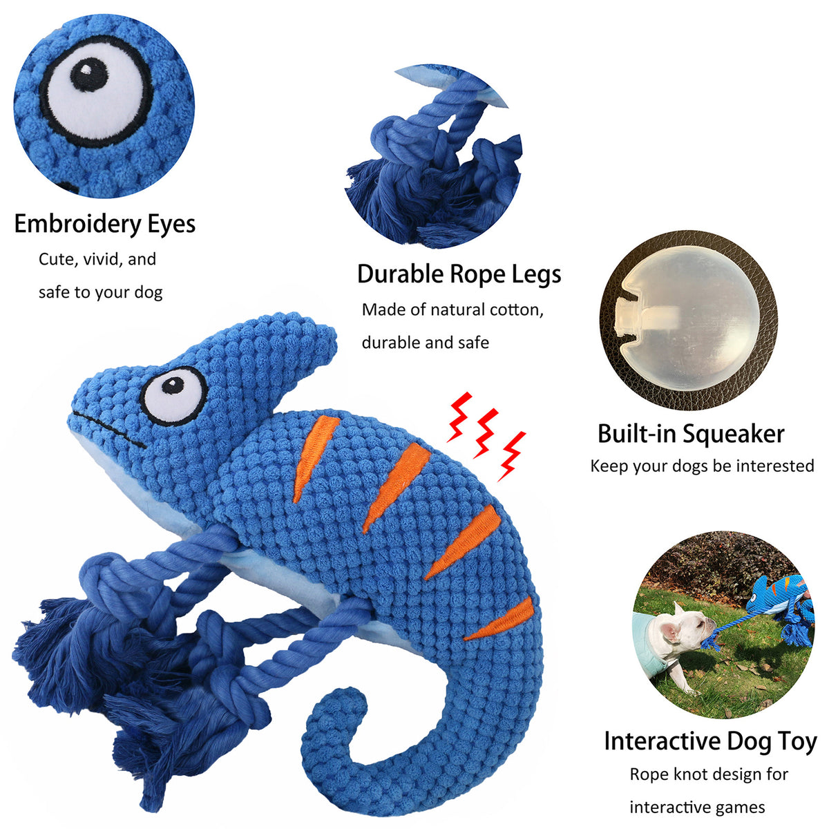 2-Piece Purple Plush Chameleon Dog Toys with Squeaker & Rope Legs – Durable Washable Chew Toys with Teeth-Cleaning Texture, 10.2in
