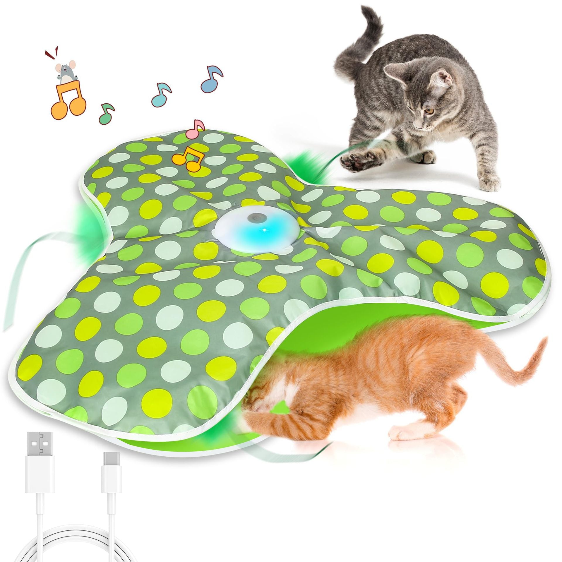 Green Rechargeable Interactive Cat Toy with Moving Concealed Feathers & Squeaky Mouse – Touch Activated Exercise Toy