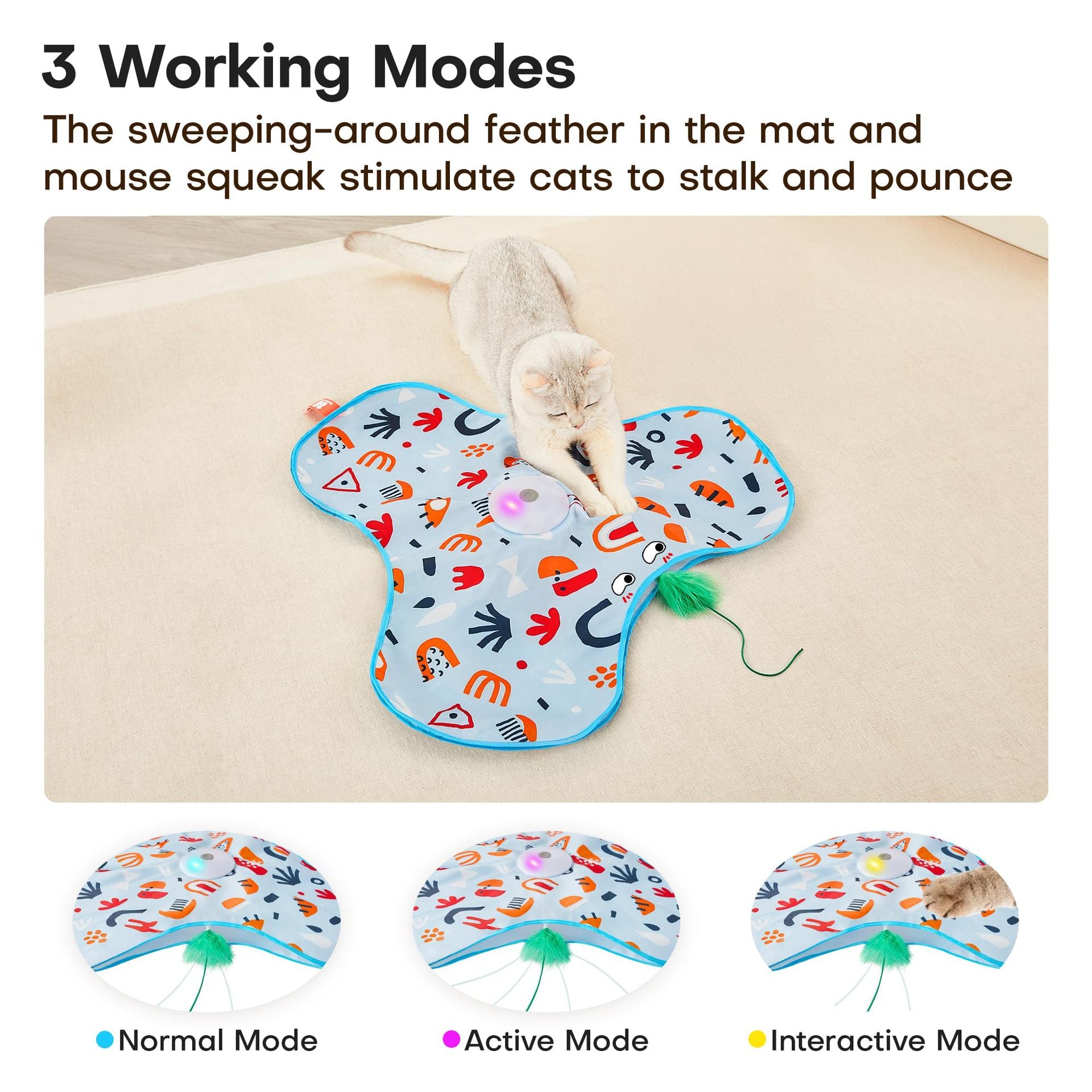 Green Rechargeable Interactive Cat Toy with Moving Concealed Feathers & Squeaky Mouse – Touch Activated Exercise Toy