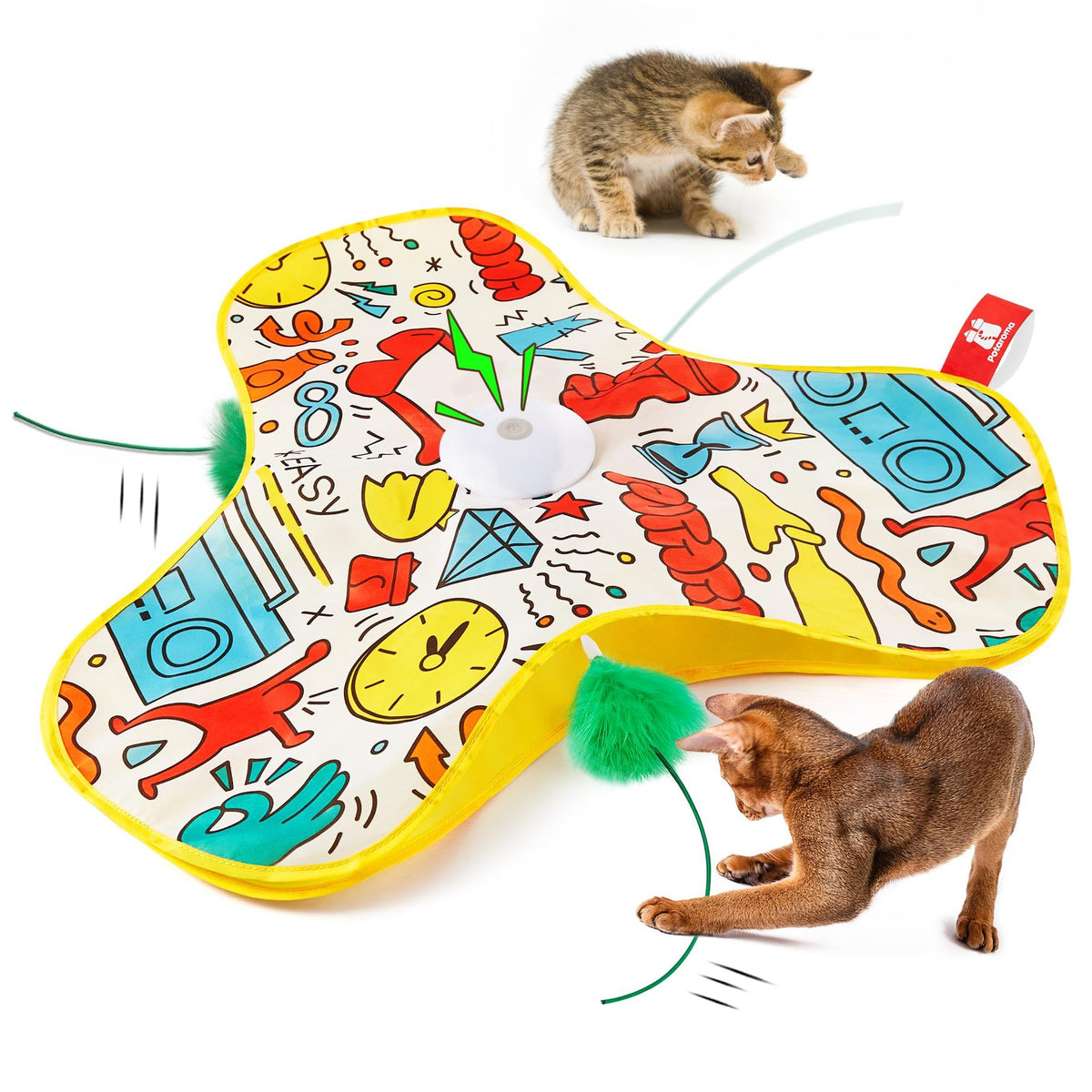 Yellow Rechargeable Interactive Cat Toy with Moving Concealed Feathers & Squeaky Mouse – Touch Activated Exercise Toy