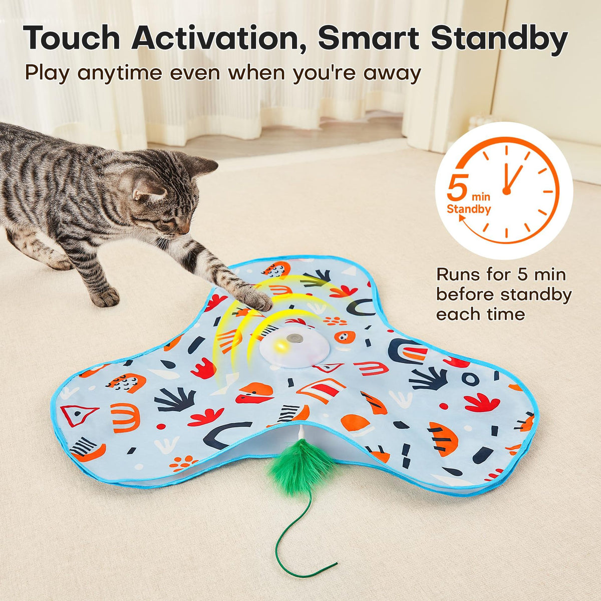 Yellow Rechargeable Interactive Cat Toy with Moving Concealed Feathers & Squeaky Mouse – Touch Activated Exercise Toy