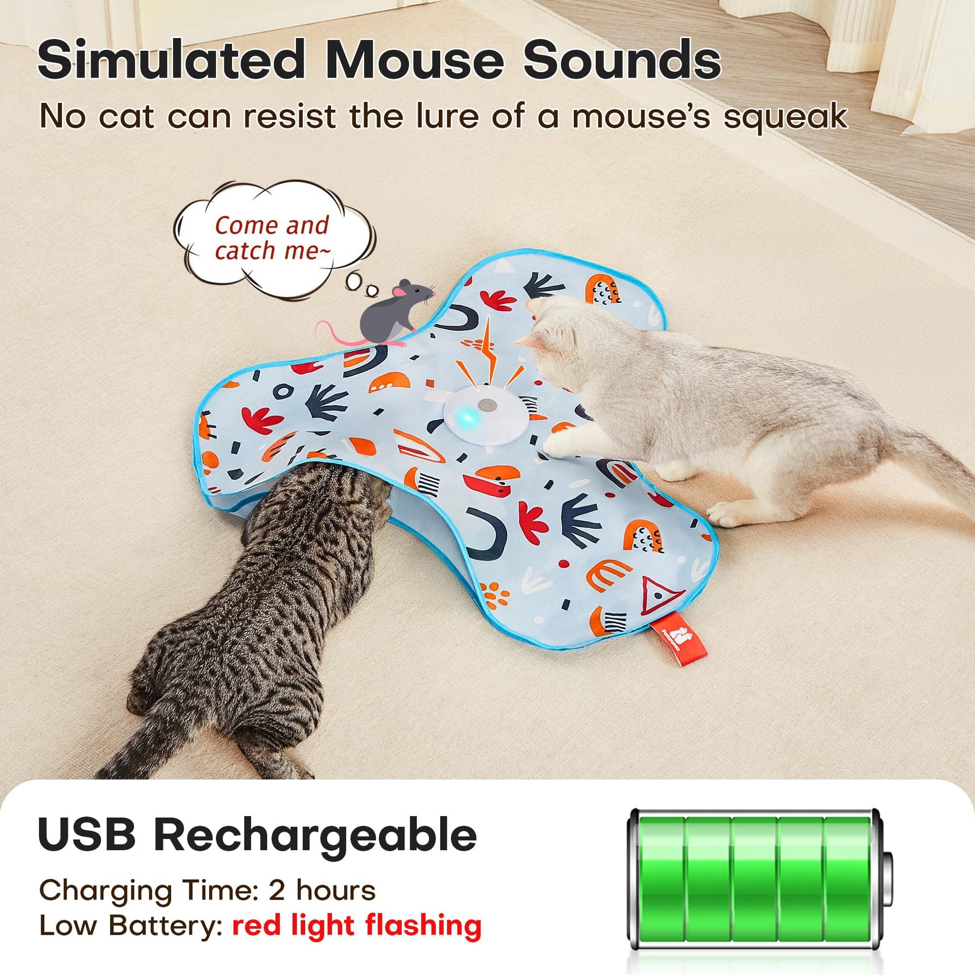 Blue Rechargeable Interactive Cat Toy with Moving Concealed Feathers & Squeaky Mouse – Touch Activated Exercise Toy