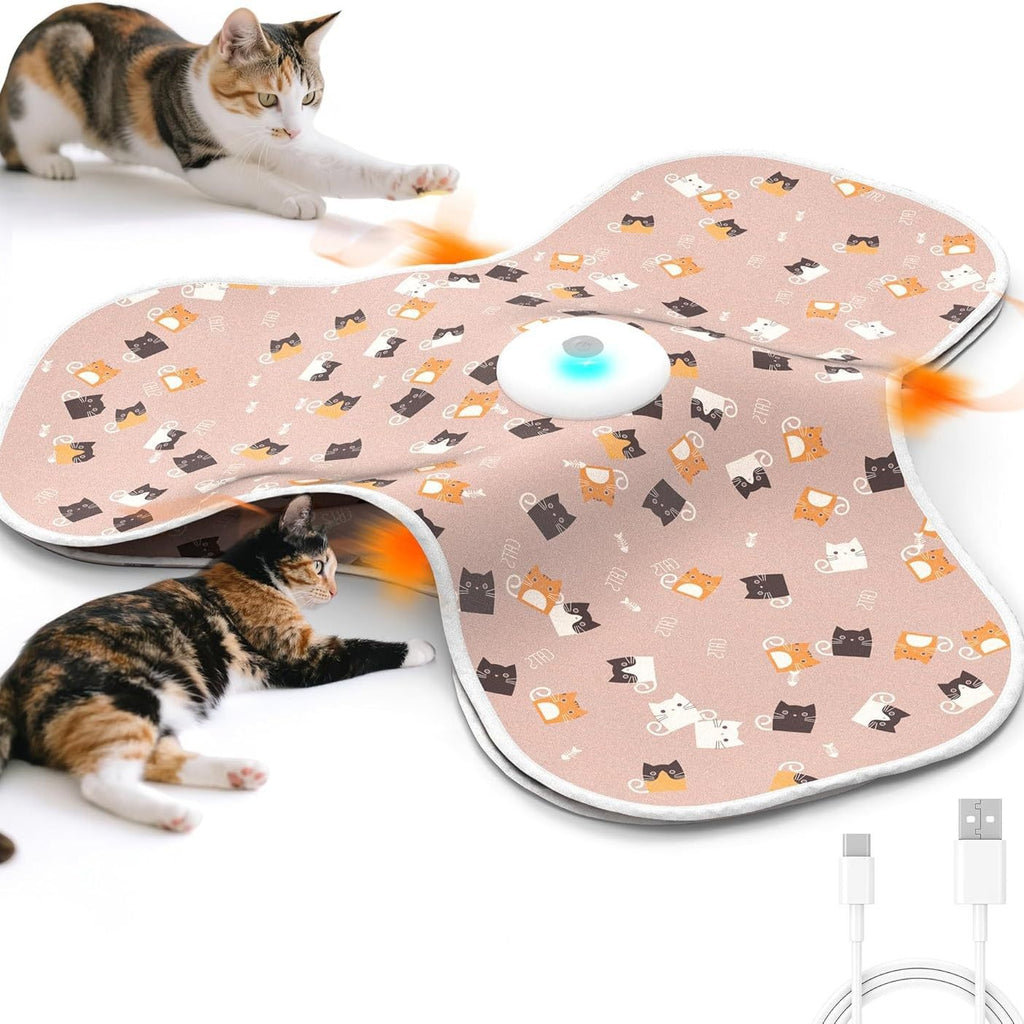 Pink Rechargeable Interactive Cat Toy with Moving Concealed Feathers & Squeaky Mouse – Touch Activated Exercise Toy