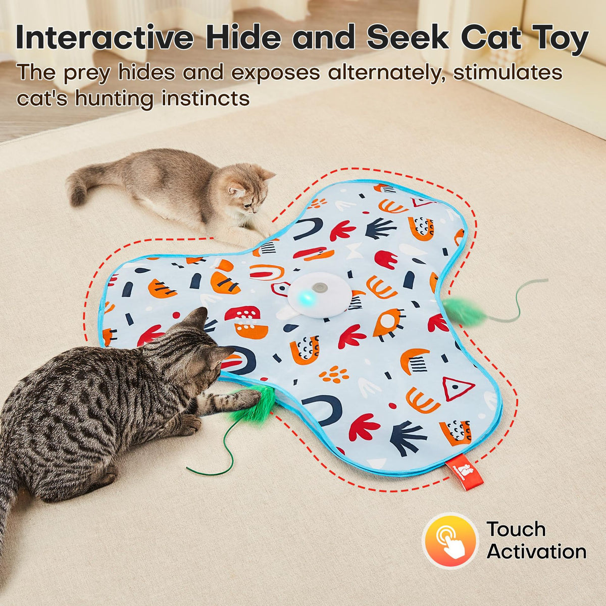 Dark Blue Rechargeable Interactive Cat Toy with Moving Concealed Feathers & Squeaky Mouse – Touch Activated Exercise Toy