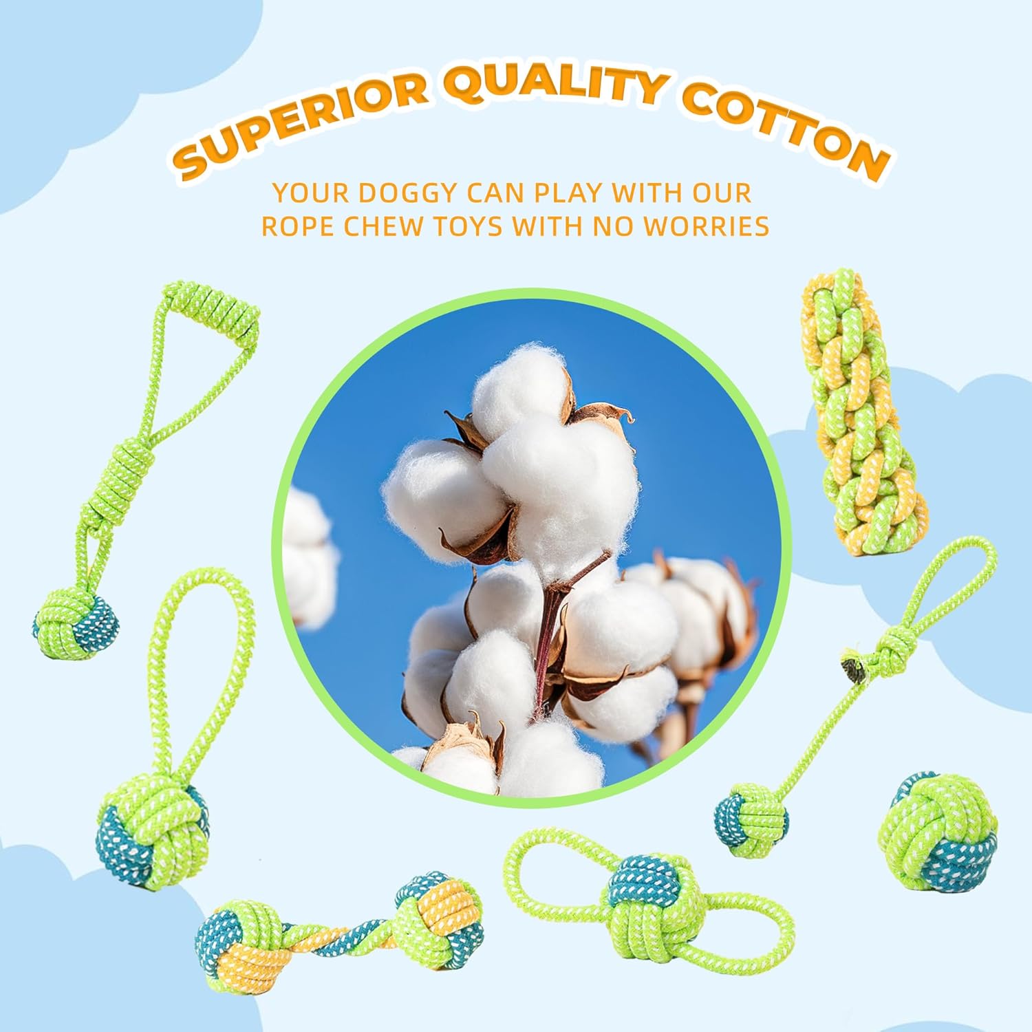 7-Piece Green Cotton Rope Dog Toy Set – Washable Knotted Ball & Tug Toys, Durable Interactive Teeth-Cleaning Toys for Dogs & Cats