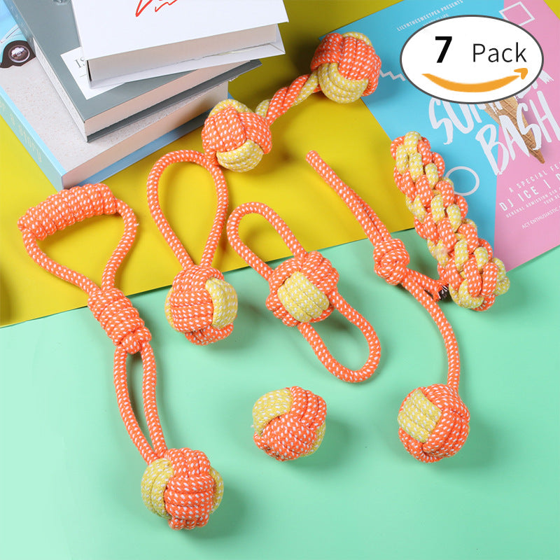 7-Piece Orange-Yellow Cotton Rope Dog Toy Set – Washable Knotted Ball & Tug Toys, Durable Interactive Teeth-Cleaning Toys for Dogs & Cats