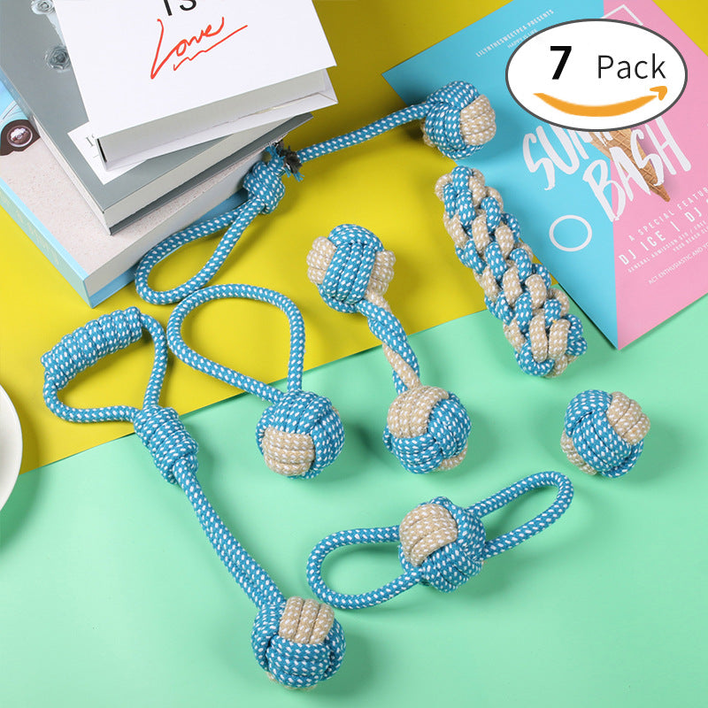 7-Piece Blue-Gray Cotton Rope Dog Toy Set – Washable Knotted Ball & Tug Toys, Durable Interactive Teeth-Cleaning Toys for Dogs & Cats