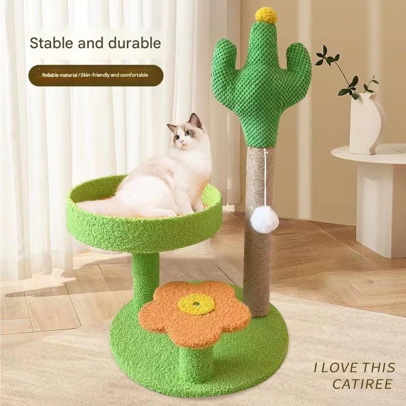 Yellow Cactus Pineapple Cat Tree with Scratching Post & Cozy Perch - Multi-Level Cat Tower with Flower Platform and Hanging Ball for Indoor Cats