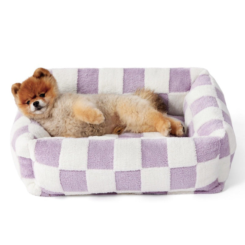 50x48x15 CM Cute Square Plush Pet Bed with Removable Cover & 5 Bolsters Support - Purple Plaid Machine Washable Calming Dog & Cat Sofa