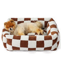 63x53x17 CM Cute Square Plush Pet Bed with Removable Cover & 5 Bolsters Support - Brown Plaid Machine Washable Calming Dog & Cat Sofa