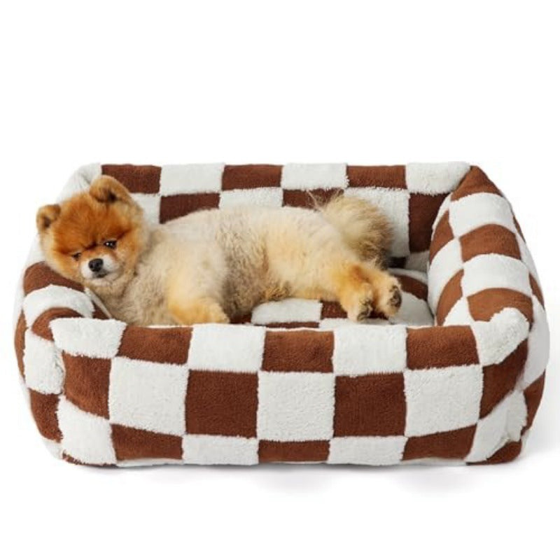 63x53x17 CM Cute Square Plush Pet Bed with Removable Cover & 5 Bolsters Support - Brown Plaid Machine Washable Calming Dog & Cat Sofa