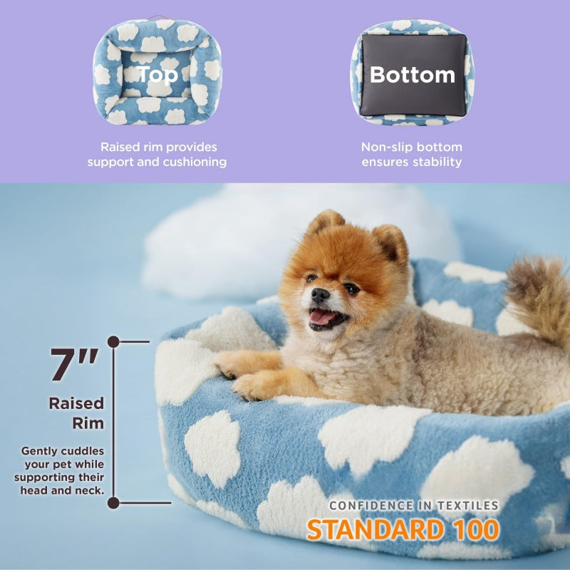 63x53x17 CM Cute Square Plush Pet Bed with Removable Cover & 5 Bolsters Support - Brown Plaid Machine Washable Calming Dog & Cat Sofa