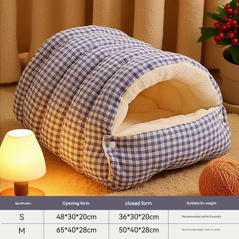 Blue Plaid Cat Cave Bed – Warm Enclosed Cat House, Cozy Semi-Enclosed Nest, PP Cotton Filling, Washable, Small Dog Bed – Size S