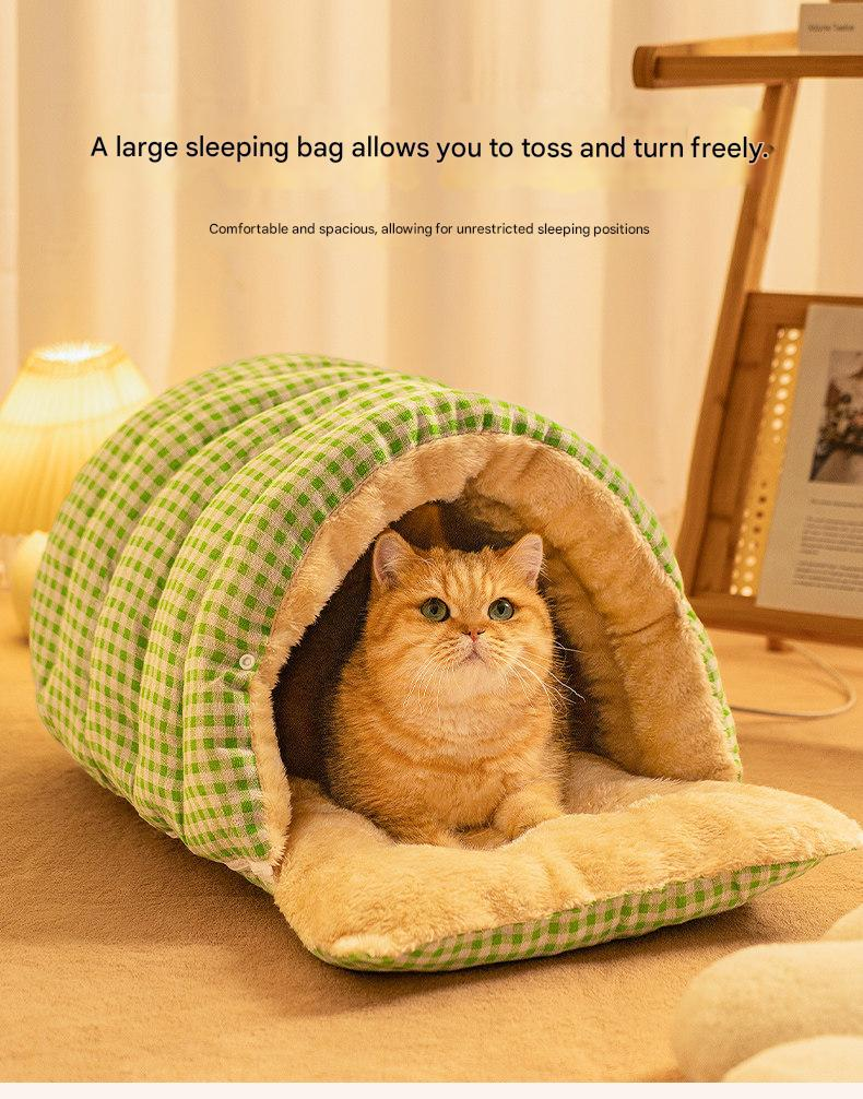 Blue Plaid Cat Cave Bed – Warm Enclosed Cat House, Cozy Semi-Enclosed Nest, PP Cotton Filling, Washable, Small Dog Bed – Size S