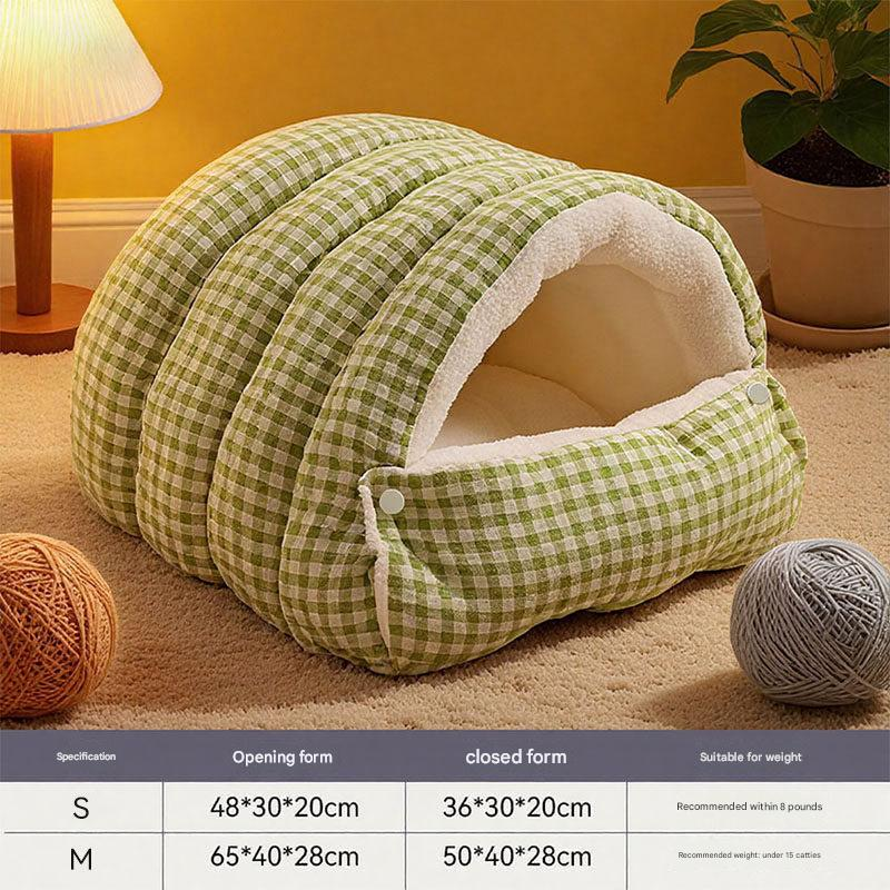 Green Plaid Cat Cave Bed – Warm Enclosed Cat House, Cozy Semi-Enclosed Nest, PP Cotton Filling, Washable, Small Dog Bed – Size S