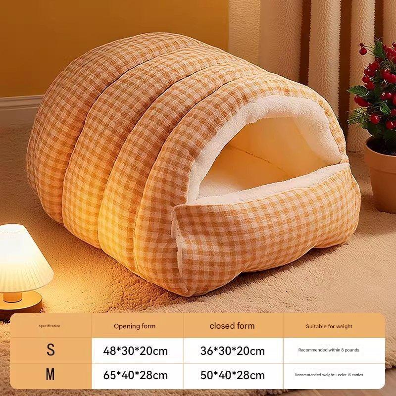 Orange Plaid Cat Cave Bed – Warm Enclosed Cat House, Cozy Semi-Enclosed Nest, PP Cotton Filling, Washable, Small Dog Bed – Size M