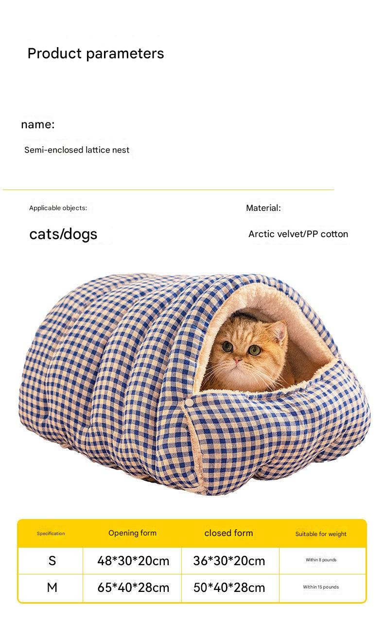 Orange Plaid Cat Cave Bed – Warm Enclosed Cat House, Cozy Semi-Enclosed Nest, PP Cotton Filling, Washable, Small Dog Bed – Size M